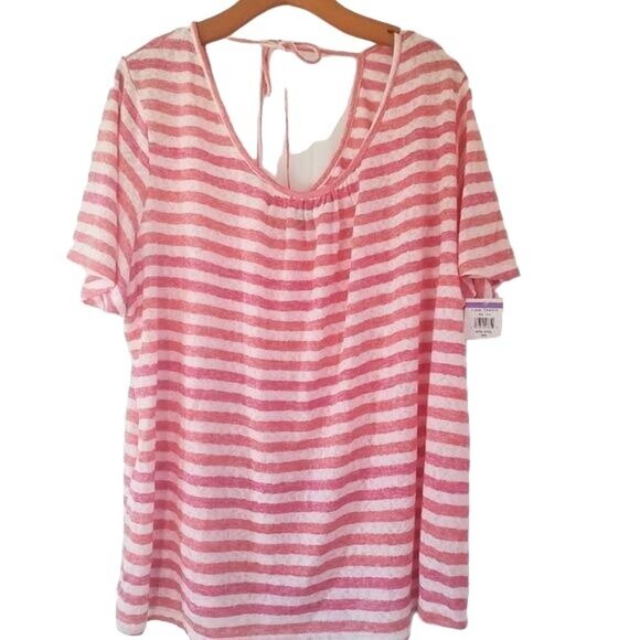B COLLECTION BOBEAU Women Top Plus Sz 2X Coral White Stripe Flutter Short Sleeve - Picture 3 of 10
